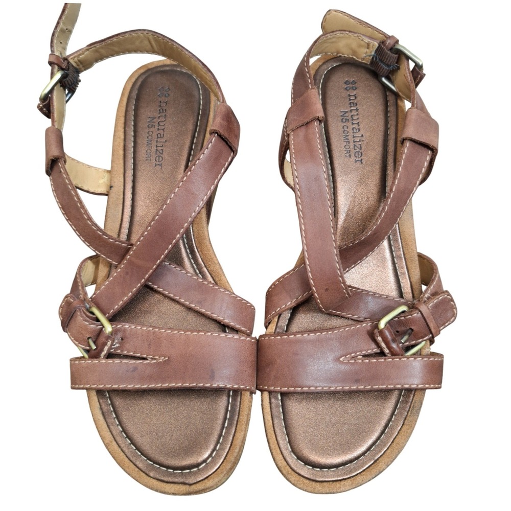 Naturalizer Paco Brown Leather Wedge Sandals Womens 8M N5 Comfort Strappy Buckle